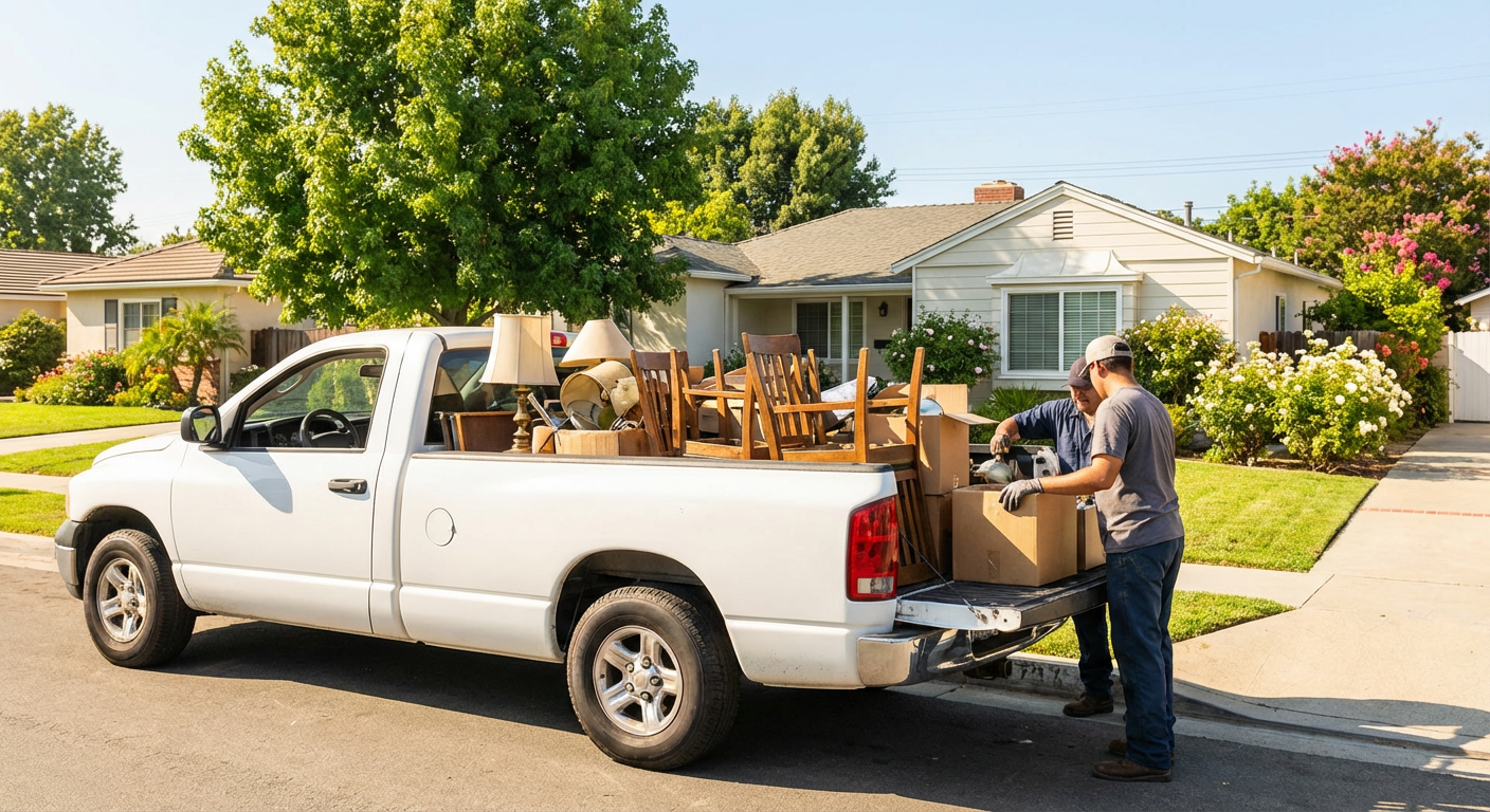 Junk removal worker loading furniture and boxes into a pickup truck at a residential property in Perris, CA